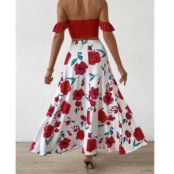 Boho Floral Print Ruffle Sleeve Crop Top Maxi Skirt set - Picture 4 of 10